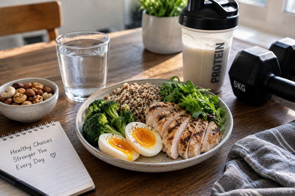 Healthy high-protein meal with chicken, eggs, lentils, nuts, vegetables, and a protein shake for meeting daily protein needs.