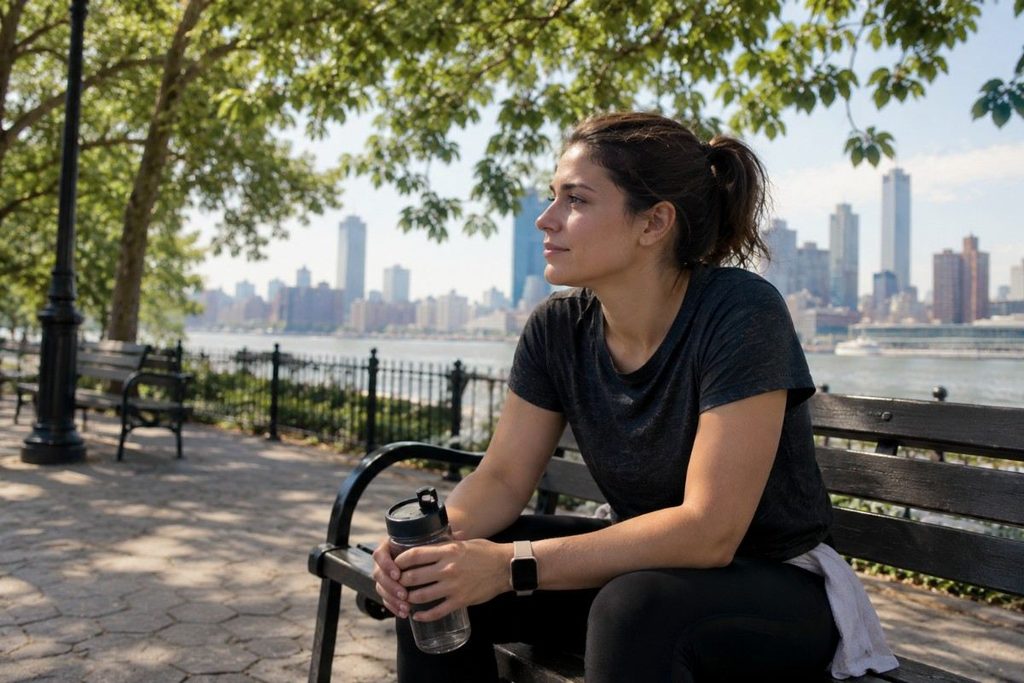 Woman relaxing outdoors in a city park while holding a water bottle, representing healthy lifestyle habits and blood pressure awareness.