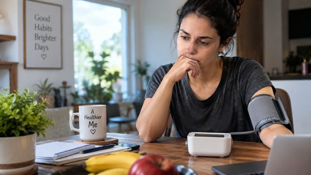 Woman checking blood pressure at home with a blood pressure monitor, illustrating everyday habits that can raise blood pressure.