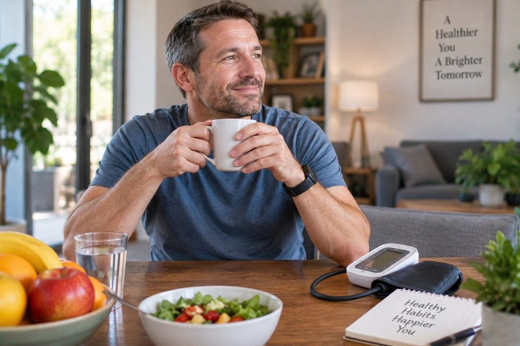 Man enjoying a healthy lifestyle at home with fresh fruit, salad, water, and a blood pressure monitor, illustrating ways to help control high blood pressure.