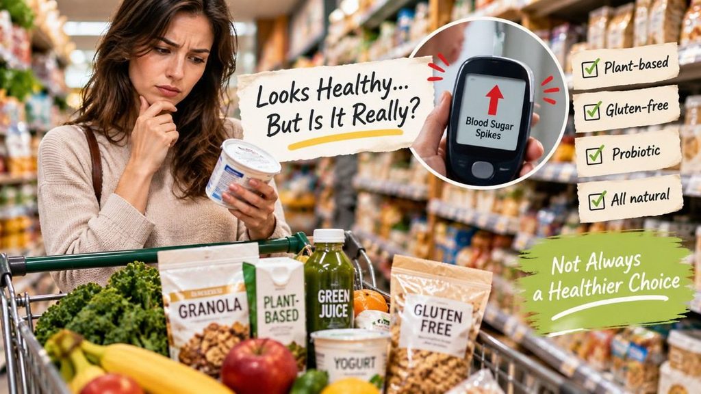 Supermarket health foods with hidden blood sugar risks and misleading health labels