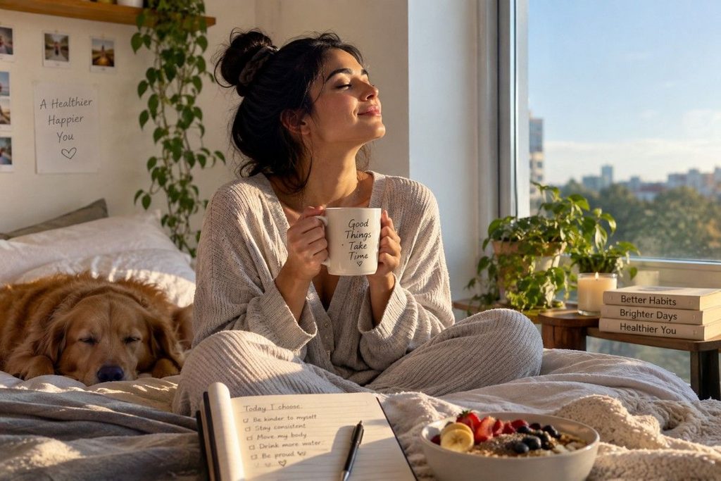Woman enjoying a peaceful morning with a healthy breakfast, journal, plants, and natural sunlight at home.