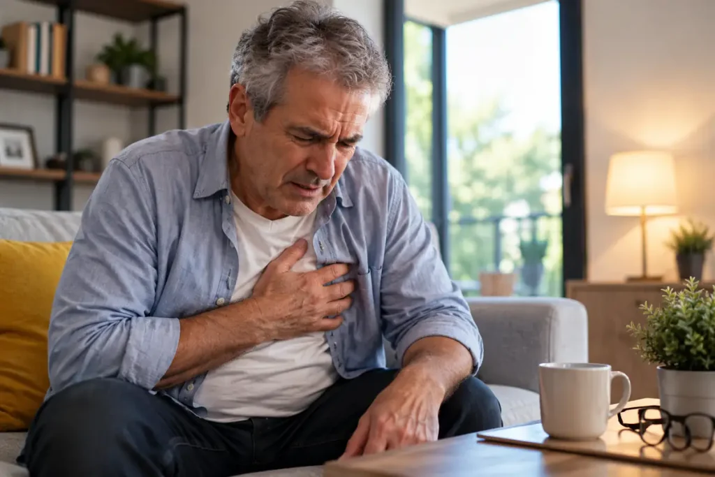 Older man experiencing chest discomfort while sitting at home