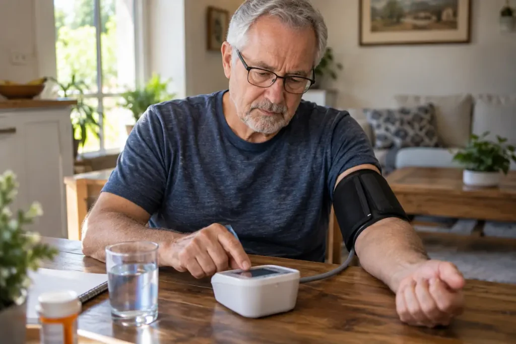 Older man checking his blood pressure at home with a digital blood pressure monitor