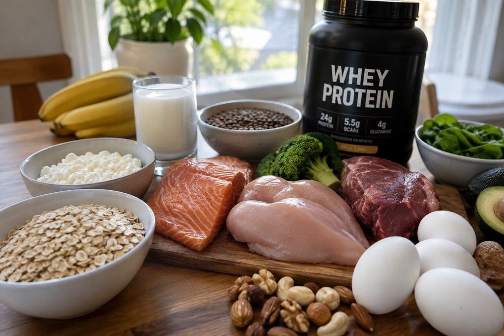 High protein foods including salmon, chicken, eggs, lentils, dairy, nuts, and vegetables for meeting daily protein needs.