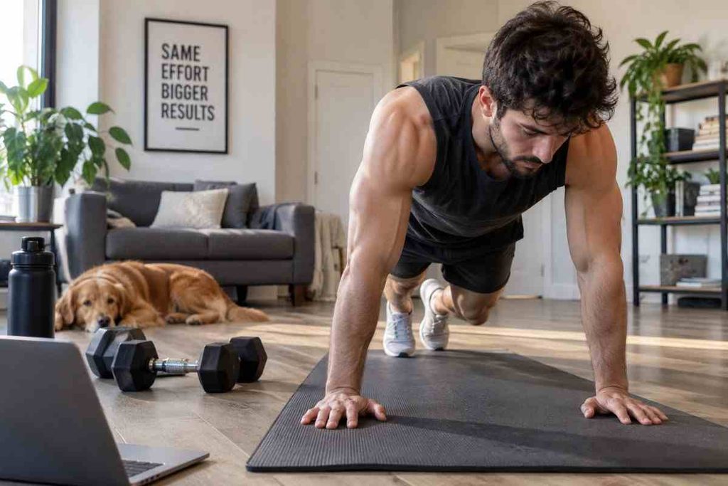 Fit man doing a bodyweight workout on an exercise mat in a home living room with light dumbbells nearby.