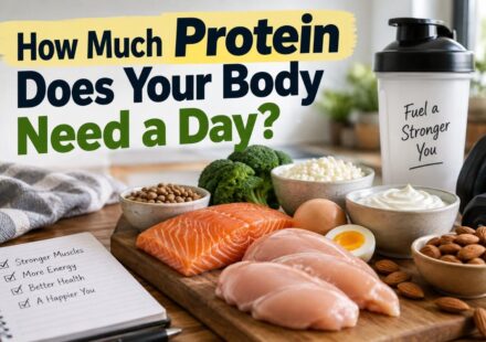 Protein-rich foods including salmon, chicken, eggs, dairy, lentils, nuts, and vegetables that can help meet daily protein needs.