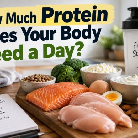 Protein-rich foods including salmon, chicken, eggs, dairy, lentils, nuts, and vegetables that can help meet daily protein needs.