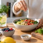 A woman choosing healthier food options in a modern kitchen while surrounded by fresh ingredients and everyday foods.