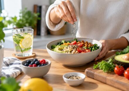 A woman choosing healthier food options in a modern kitchen while surrounded by fresh ingredients and everyday foods.