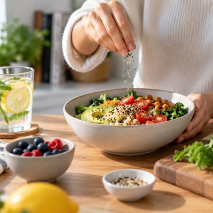 A woman choosing healthier food options in a modern kitchen while surrounded by fresh ingredients and everyday foods.