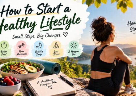 Woman beginning a healthy lifestyle with nutritious food, exercise, quality sleep, stress management, and small sustainable habits.