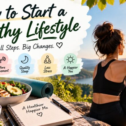 Woman beginning a healthy lifestyle with nutritious food, exercise, quality sleep, stress management, and small sustainable habits.