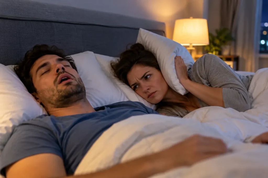 Couple sleeping in bed at night with one partner snoring while the other covers her ear with a pillow
