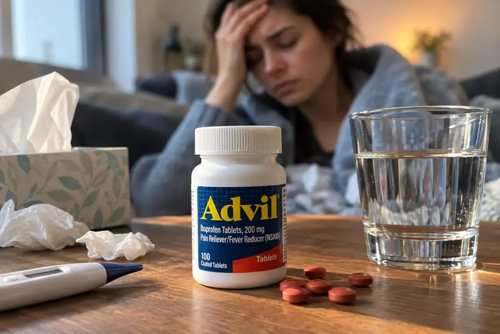Ibuprofen tablets and bottle beside a glass of water and thermometer on a home table