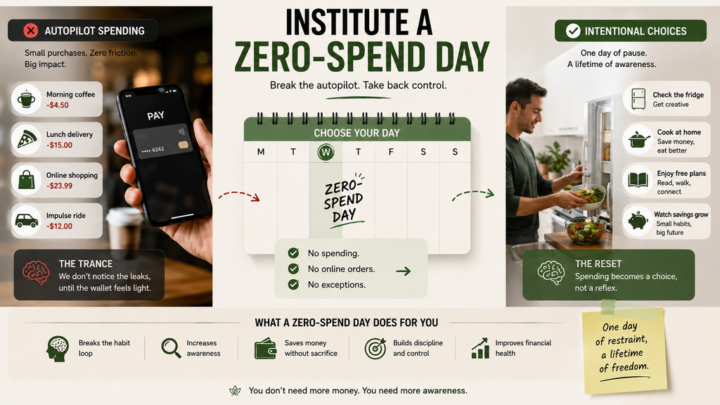 Zero-spend day challenge showing how avoiding impulse purchases can build spending awareness, discipline, and savings.