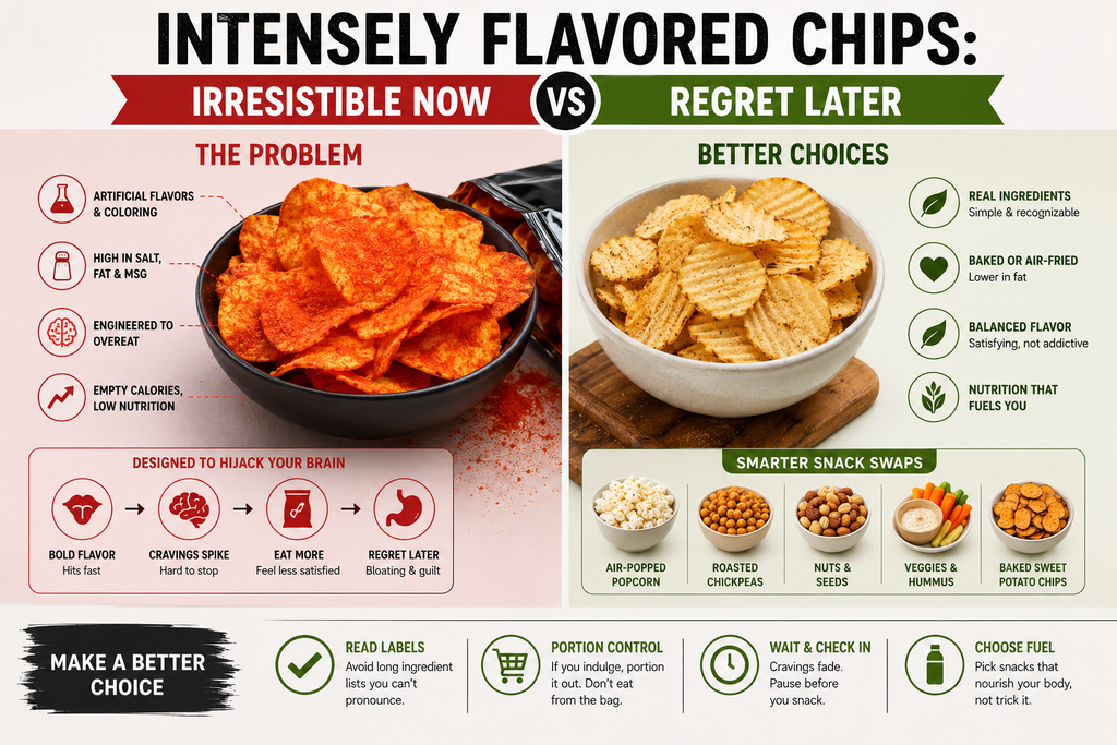 Brightly seasoned flavored potato chips compared with simpler snack alternatives including air-popped popcorn, roasted chickpeas, nuts, vegetables, and baked chips.