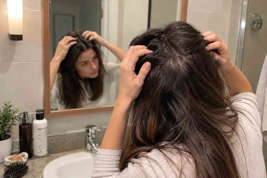 Woman examining her scalp in a bathroom mirror while checking for signs of irritation and flakes.