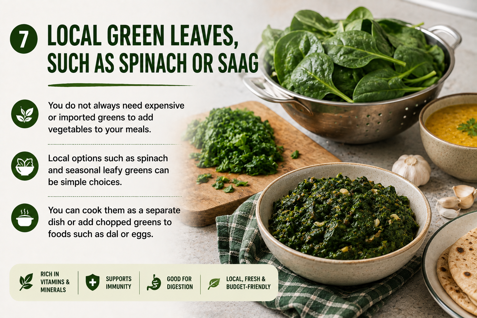 Fresh spinach and cooked leafy greens served with dal and roti as part of an everyday meal.