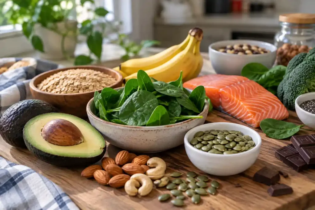 Variety of magnesium-rich foods including spinach, avocado, almonds, pumpkin seeds, oats, salmon, broccoli, and dark chocolate on a kitchen table