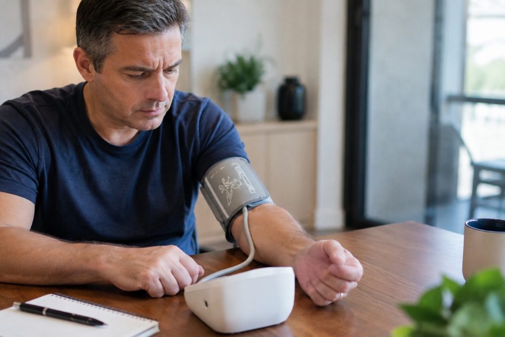 Man checking his blood pressure at home with an arm cuff, illustrating simple ways to help control high blood pressure.