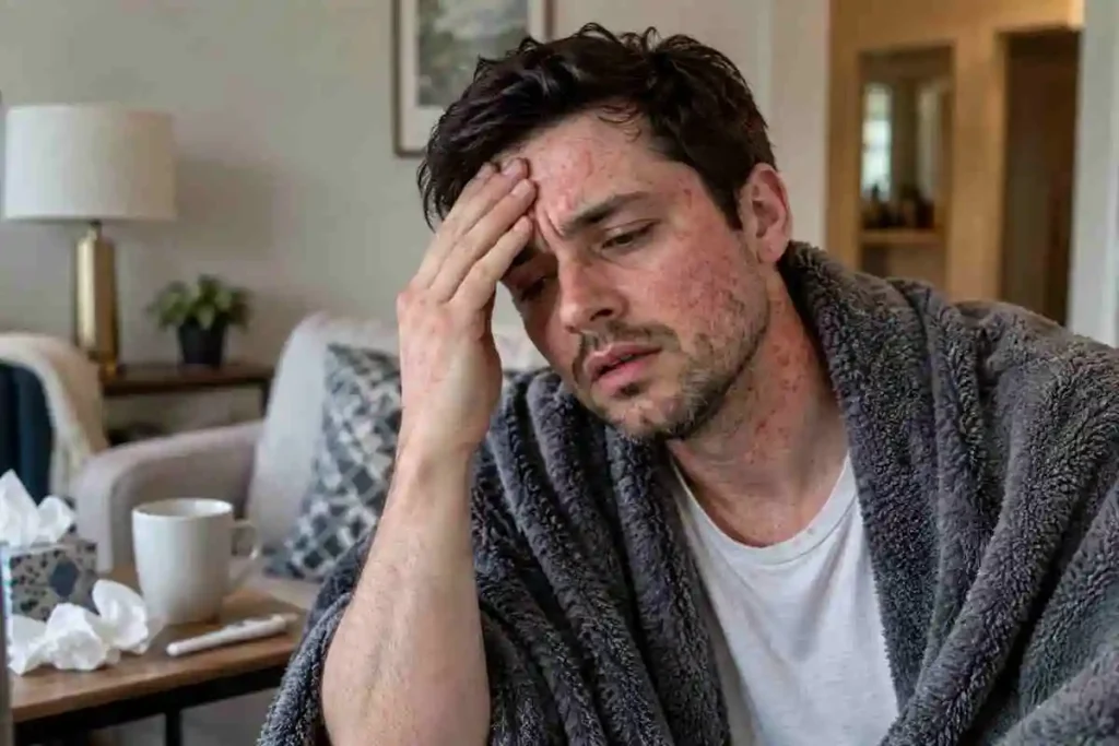 Adult man with a red skin rash sitting at home with a fever, holding his forehead while wrapped in a blanket
