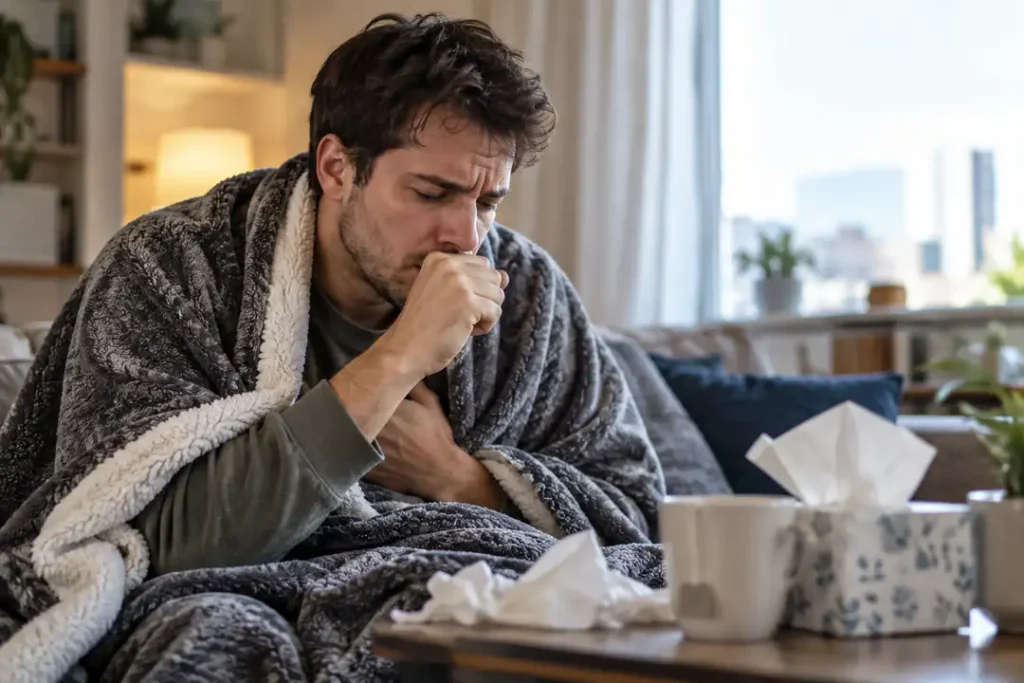Man resting on a sofa at home while coughing and wrapped in a blanket