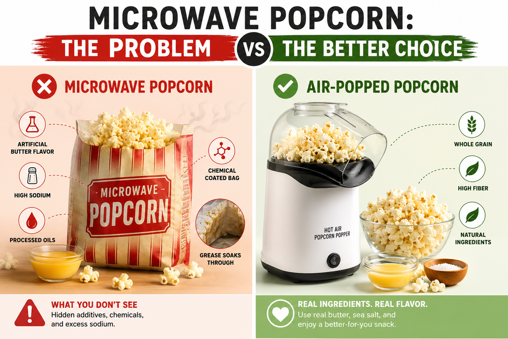Microwave popcorn in a packaged bag compared with freshly air-popped popcorn served with real butter and sea salt.