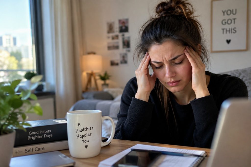 Woman experiencing a migraine headache while sitting at home.