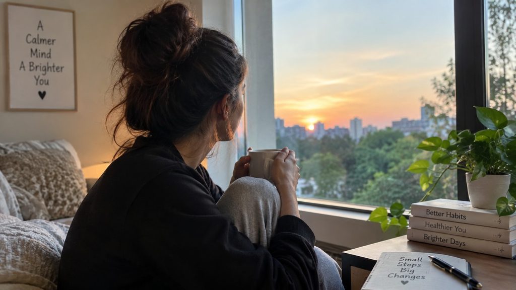 Woman relaxing at home in a calm setting while focusing on migraine relief and wellness.