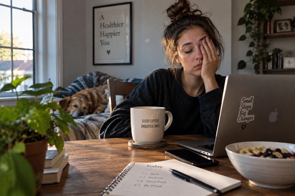 Tired woman working on a laptop at home with a cup of coffee on her desk during the morning