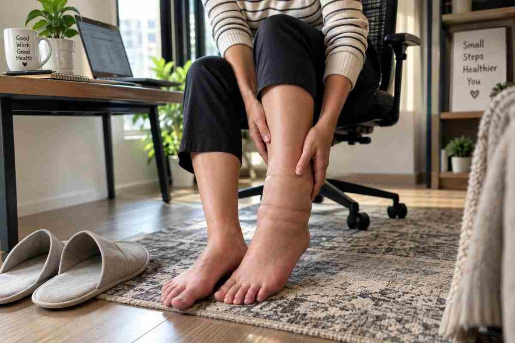 Person sitting at a home office and gently holding their swollen ankle after a long day of sitting