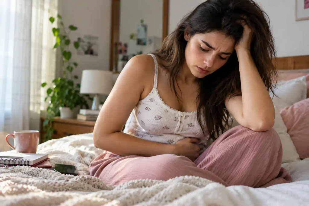 Woman experiencing abdominal discomfort while sitting on a bed