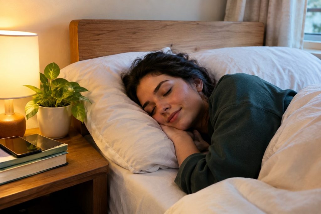 Woman sleeping peacefully in a cozy bedroom with a bedside lamp, plant, books, and phone nearby.