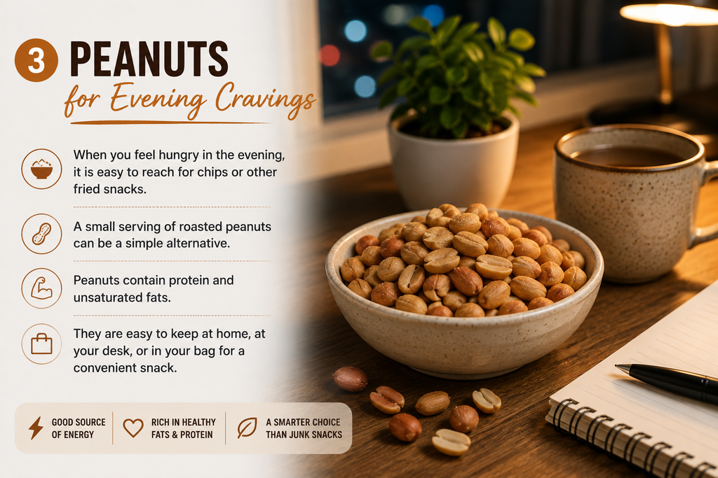 A bowl of roasted peanuts presented as a simple evening snack.