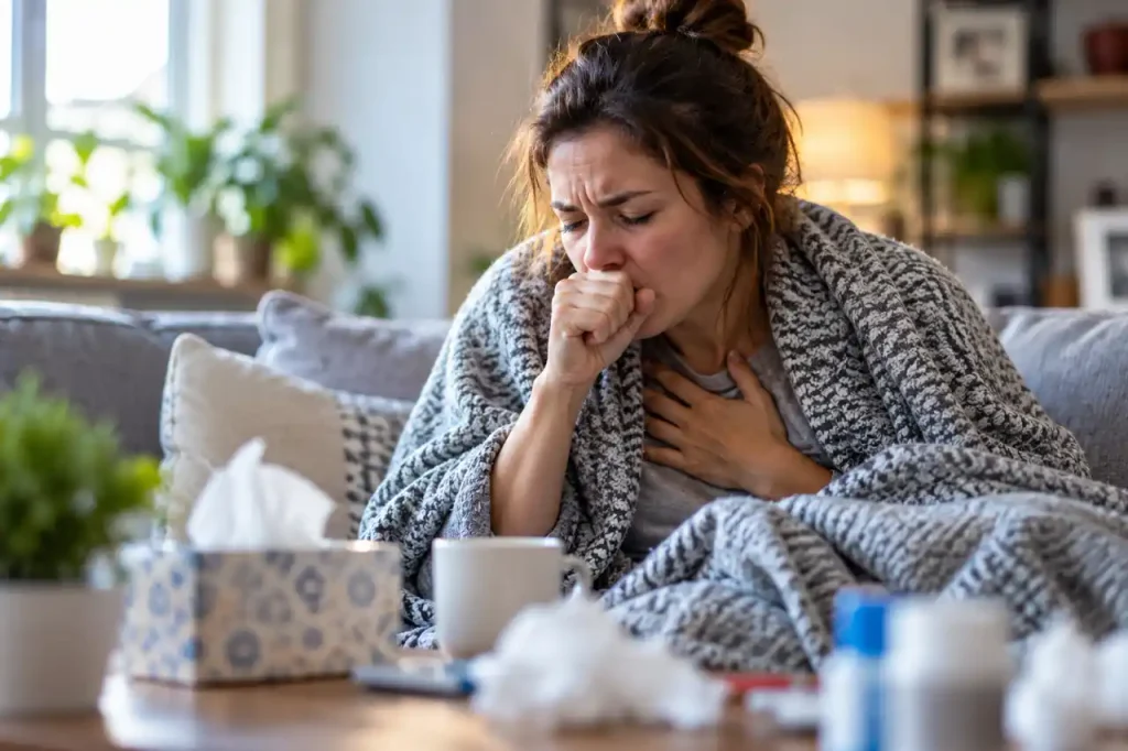 Woman resting under a blanket and coughing while holding her chest at home