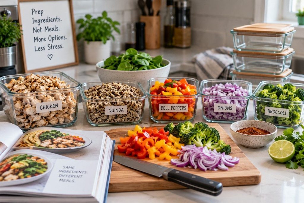 Prepped chicken, quinoa, bell peppers, onions, and broccoli arranged in containers for quick and flexible healthy meals.