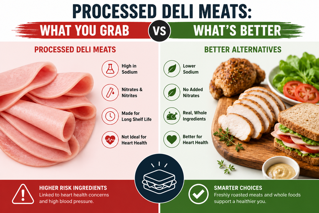 Processed deli meat slices compared with freshly roasted chicken served with whole-grain bread and fresh vegetables.