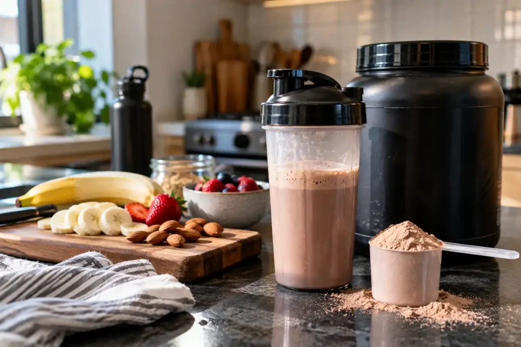 Protein powder shake with a scoop of protein, bananas, strawberries, almonds, and other nutritious foods arranged on a kitchen counter.