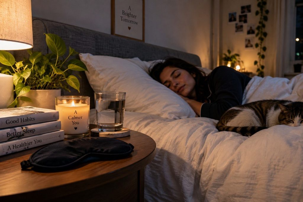 Woman sleeping peacefully in a cozy bedroom with a bedside lamp, plant, books, and phone nearby.