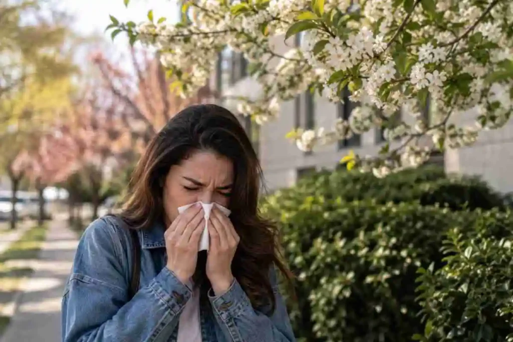 Woman sneezing outdoors during spring allergy season surrounded by flowering trees and greenery.