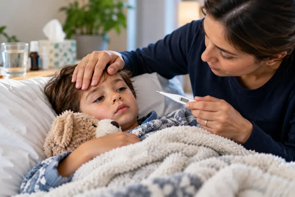 Sick child resting in bed while a parent checks their temperature during an RSV illness