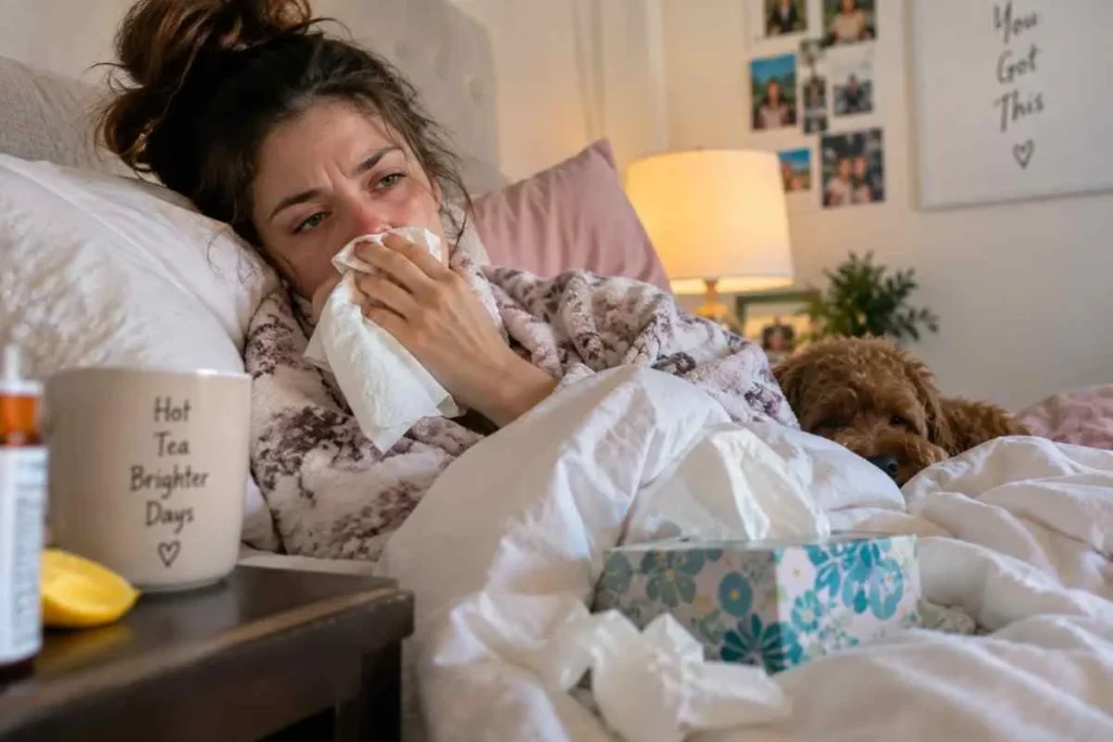 Woman resting in bed with tissues and a warm drink while experiencing flu-like symptoms at home