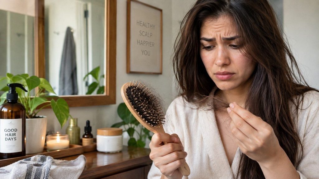 Woman examining hair shedding while holding a hairbrush in a bathroom, surrounded by natural hair-care products and plants.