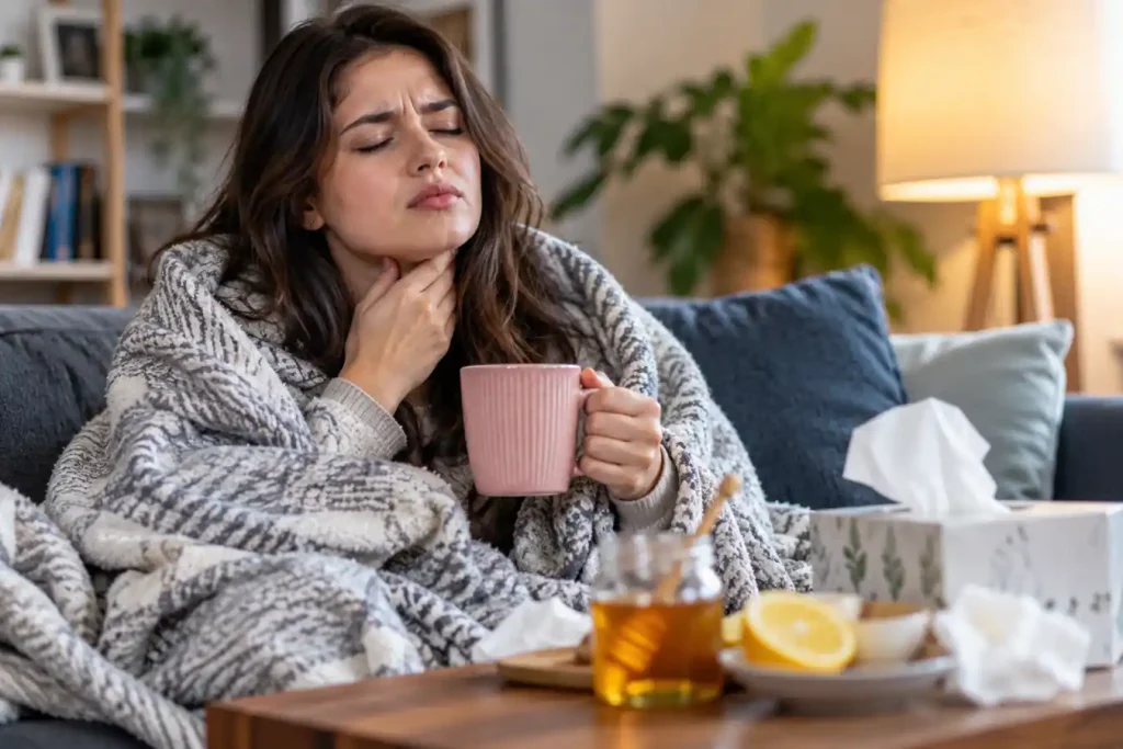 Woman with a sore throat resting at home with a warm drink, honey, lemon, and tissues