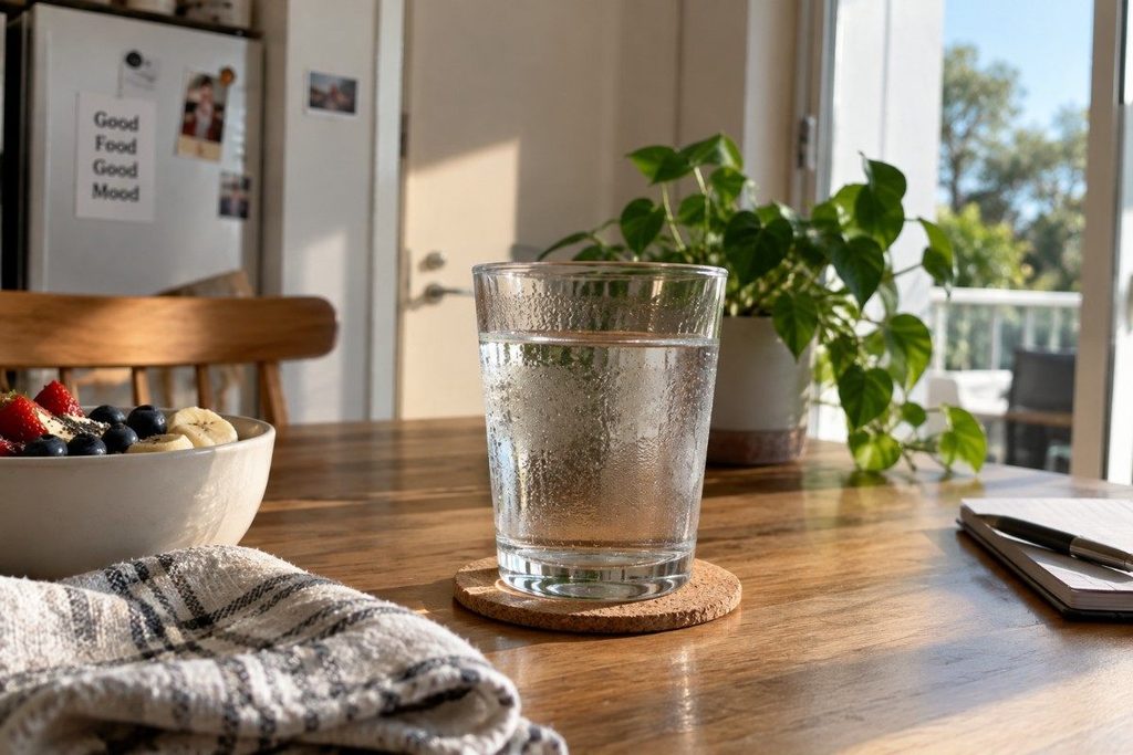 a glass of water in a bright, natural home kitchen with fresh fruit and plants