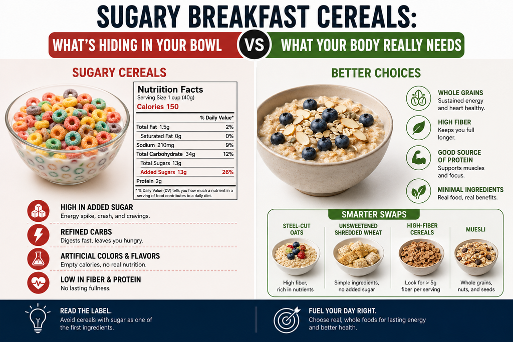 A bowl of colorful sugary breakfast cereal compared with a bowl of oatmeal topped with blueberries, almonds, and whole-grain ingredients.