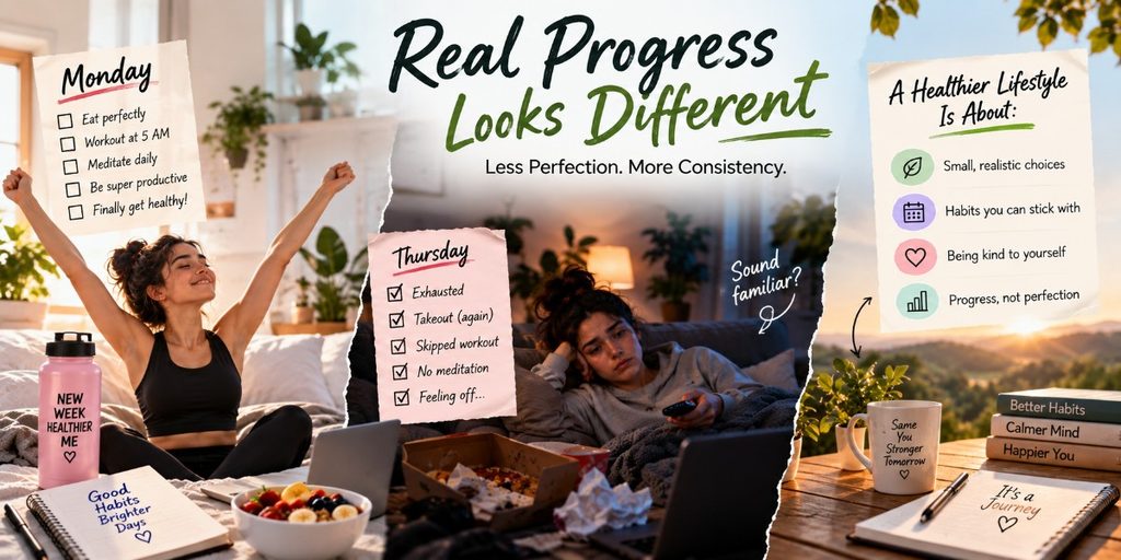 A visual comparison of an ambitious Monday wellness routine, midweek burnout, and a realistic approach to building sustainable healthy habits.