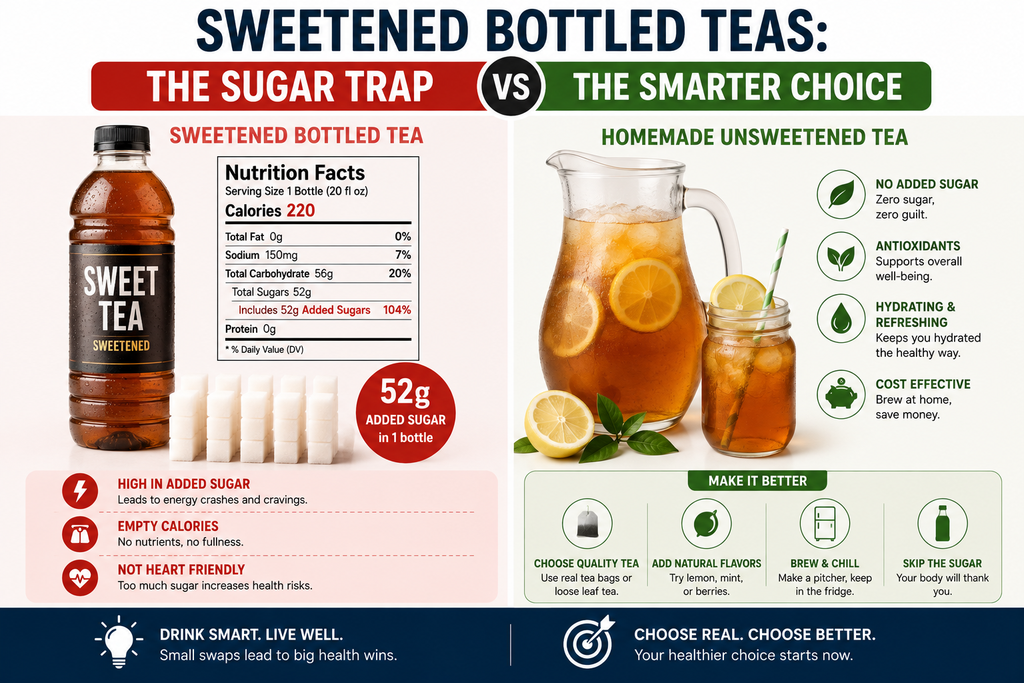 A bottle of sweetened iced tea surrounded by sugar cubes compared with homemade unsweetened iced tea with fresh lemon.