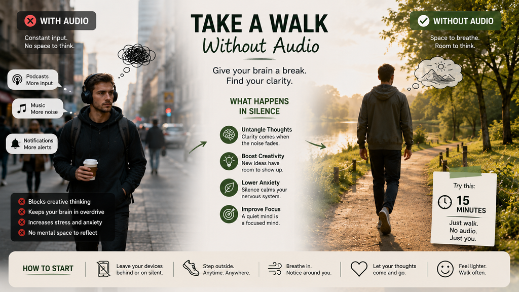Person taking a 15-minute walk without headphones to reduce distractions, clear the mind, and improve focus.